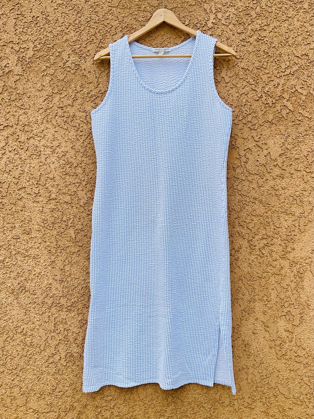 Sleeveless Midi Dress L Blue White Striped Stretchy Waffle Weave Coastal Cottage